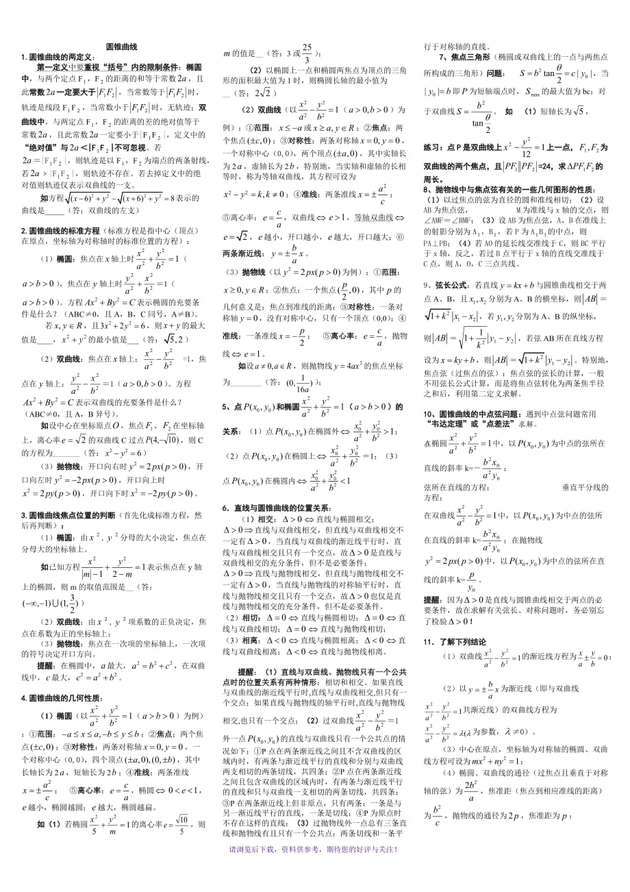 （精选推荐）高中数学圆锥曲线解题技巧方法总结及高考试题和答案_第1页