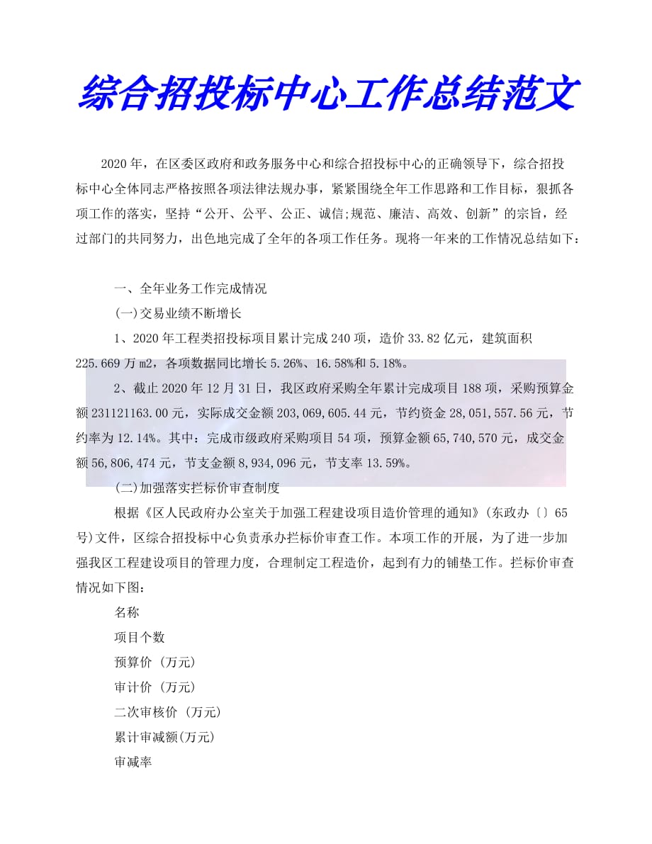 （精选）2021年度最新综合招投标中心工作总结范文（推荐稿）_第1页