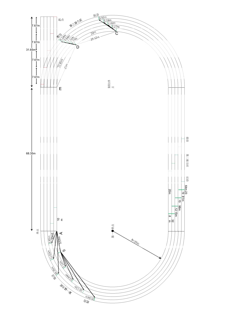 300m操场4X100m接力区计算示意图(R=26m)_第1页