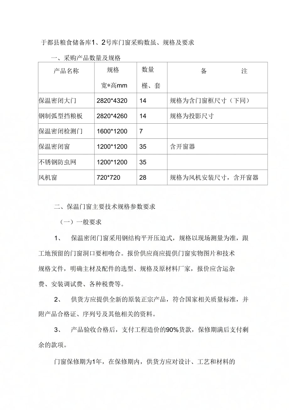 《于都县粮食储备库1、2号库门窗采购数量、规格及要求》_第1页