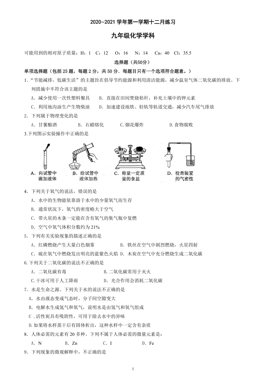 九年级(上)化学考前模拟题_第1页