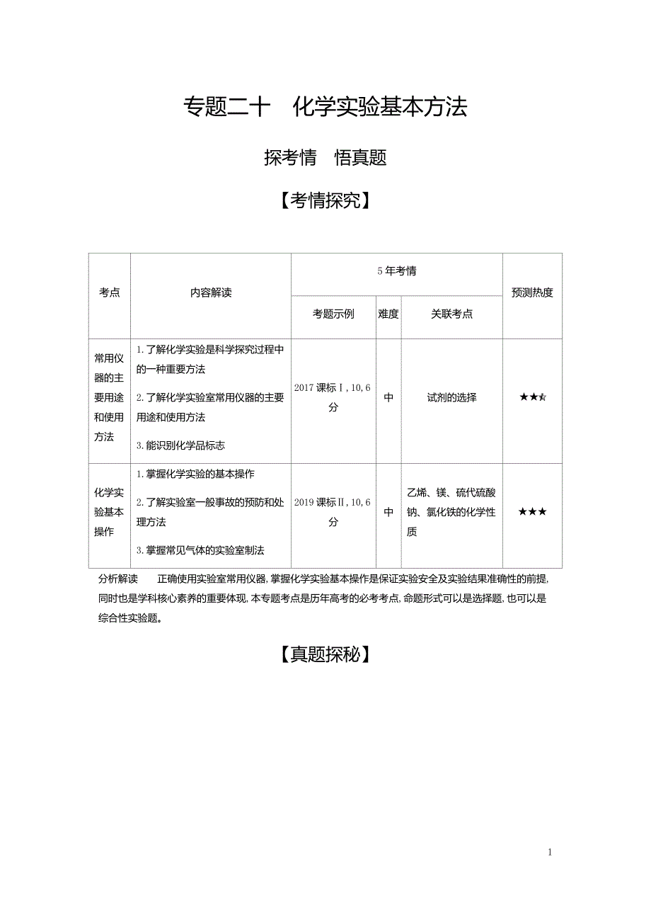 2021版《5年高考3年模拟》A版化学：专题二十　化学实验基本方法(试题部分)_第1页