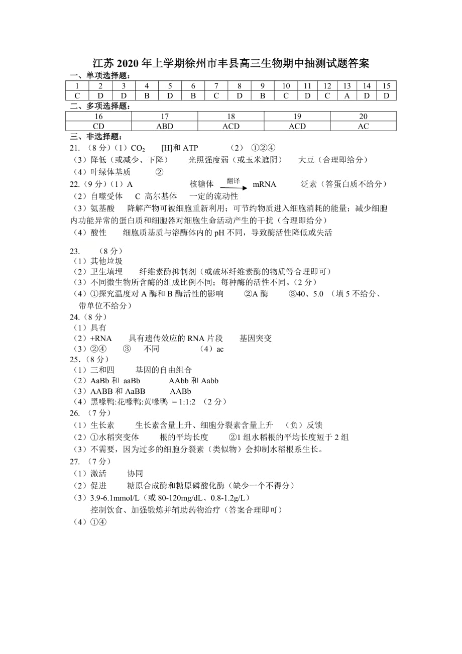 江苏2020年上学期徐州市丰县高三生物期中抽测试题答案_第1页