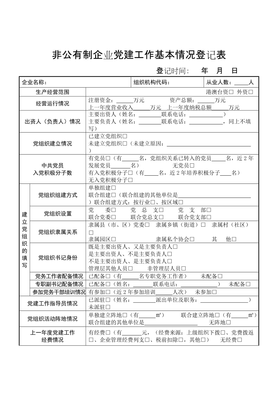 非公有制企业党建工作基本情况登记样表_第1页