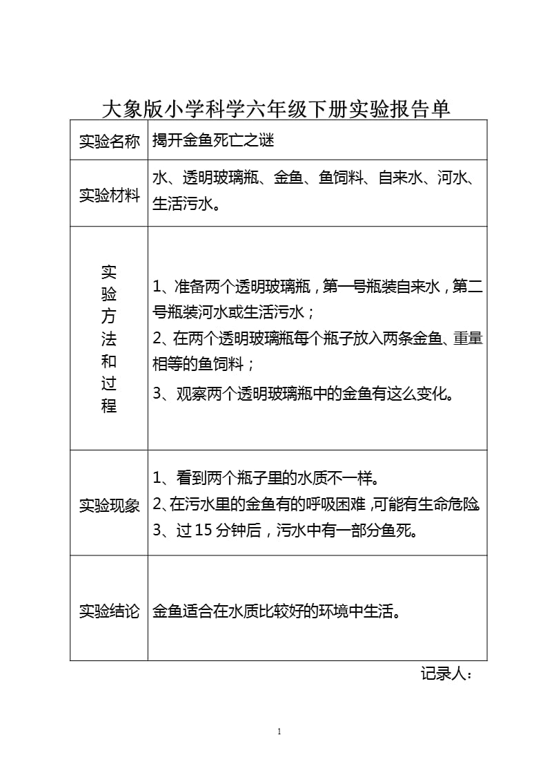 2021年整理大象版小学科学六年级下册实验报告单.pptx_第1页