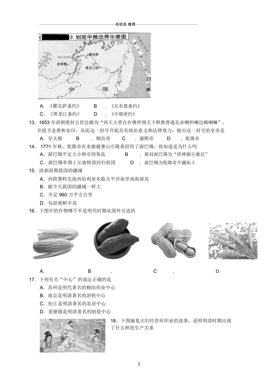 (水滴系列)七年级历史下学期期末阶段测试试题新人教版_第3页