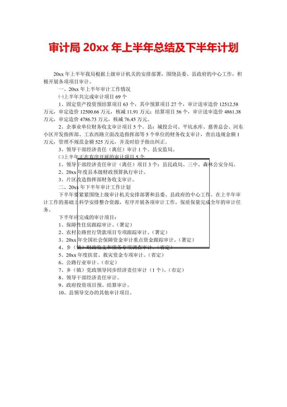 审计局202x年上半年总结及下半年计划[通用稿]_第1页