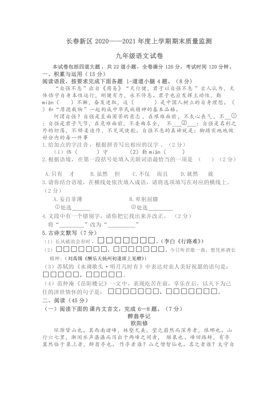 吉林省长春市长春新区2020-2021学年度九年级上学期期末检测语文试卷（（word版无答案）_第1页