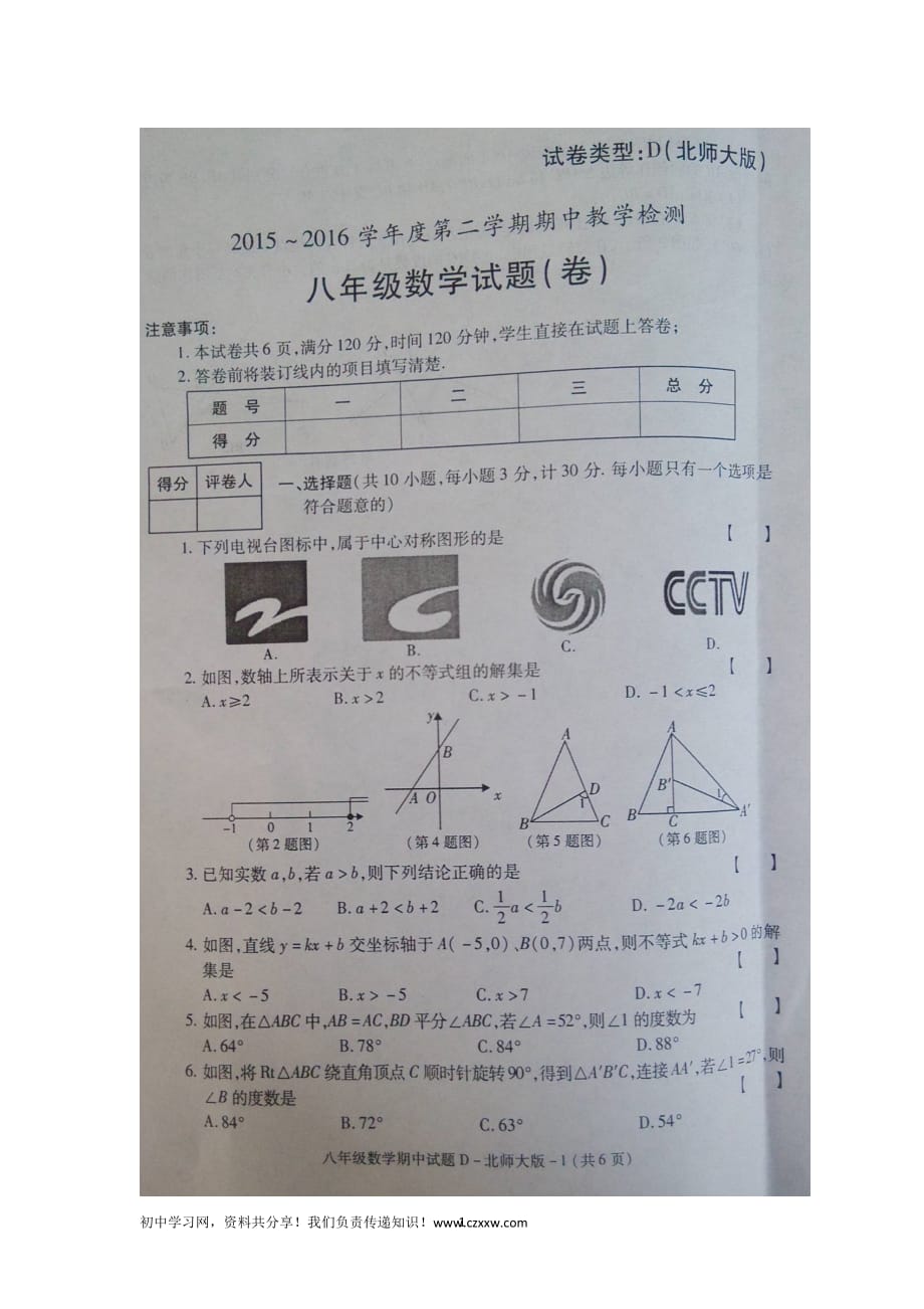 陕西省蓝田县2015-2016学年八年级下学期期中考试数学试卷（扫描版）_第1页