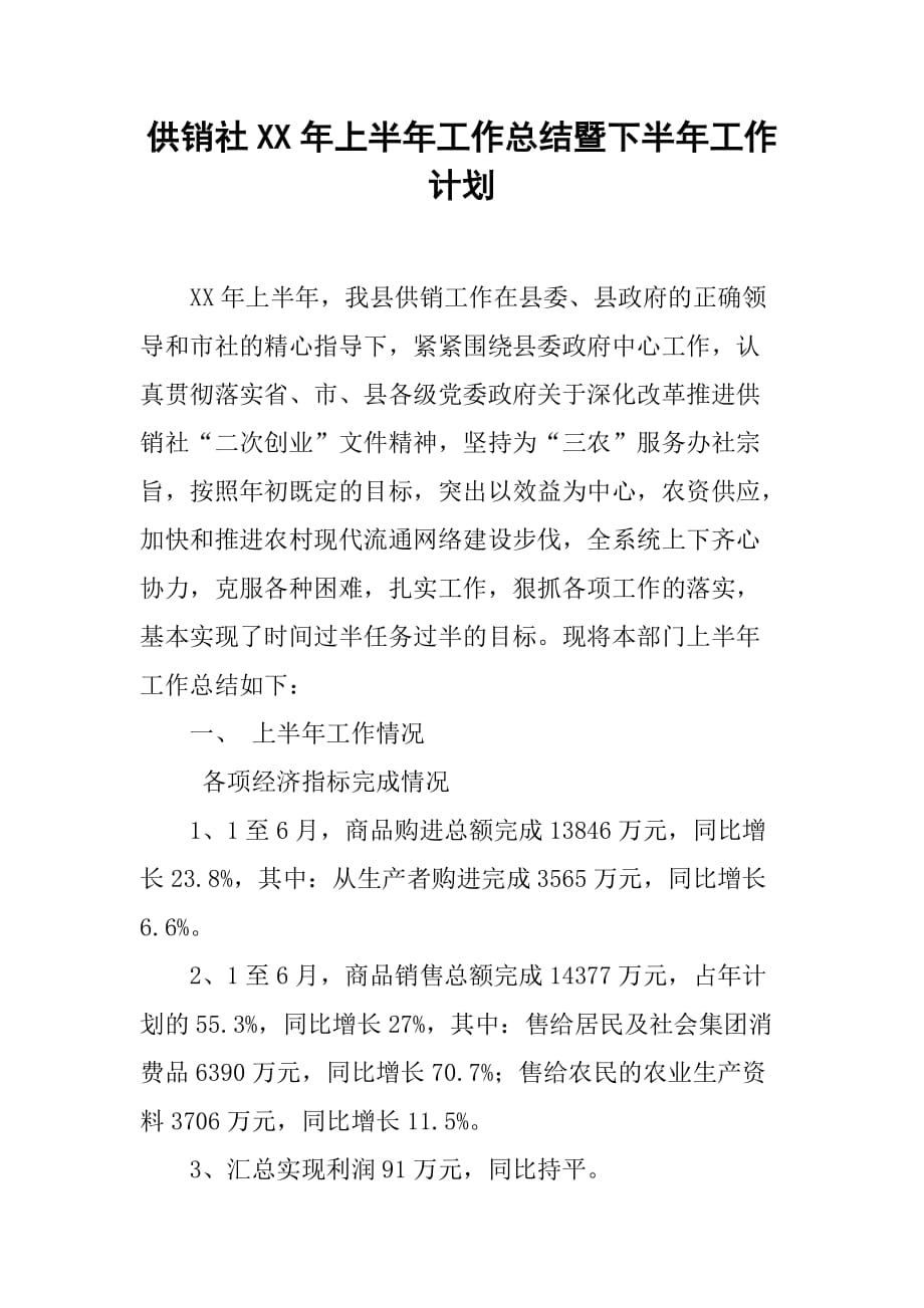 供销社XX年上半年工作总结暨下半年工作计划_第1页