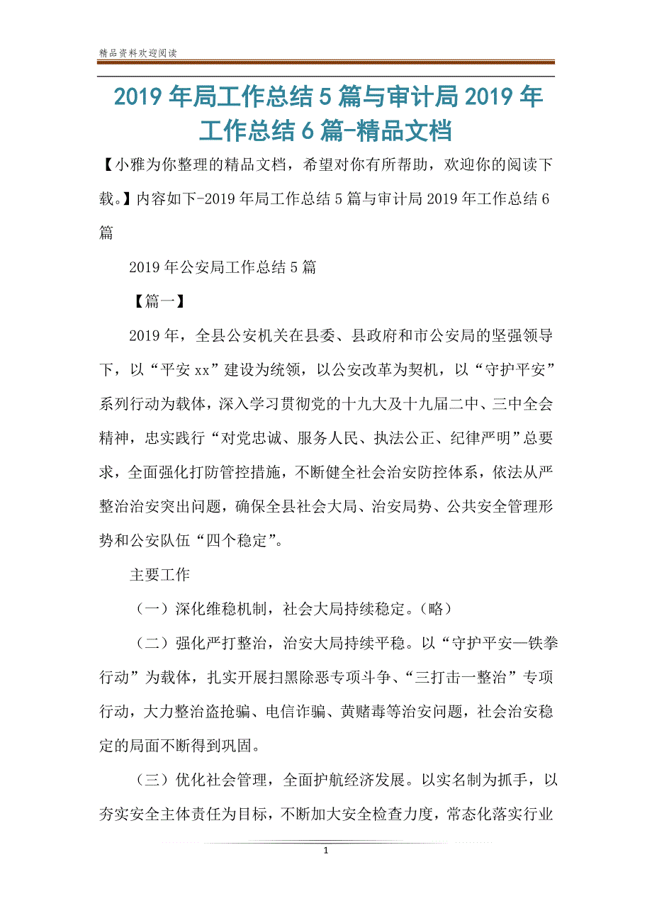 2019年局工作总结5篇与审计局2019年工作总结6篇-精品文档_第1页