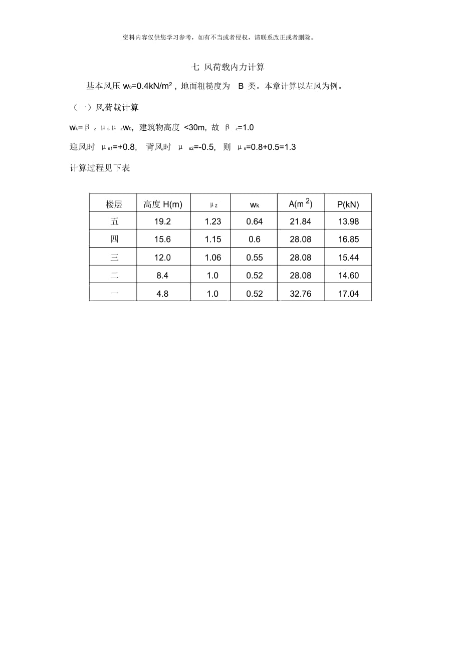 土木工程毕业设计风荷载内力计算_第1页