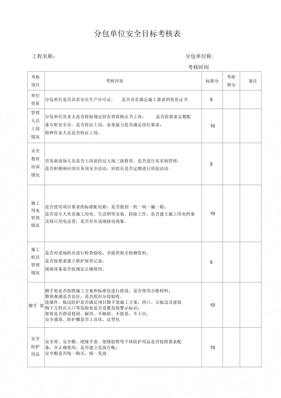 《分包单位安全目标考核表》_第1页