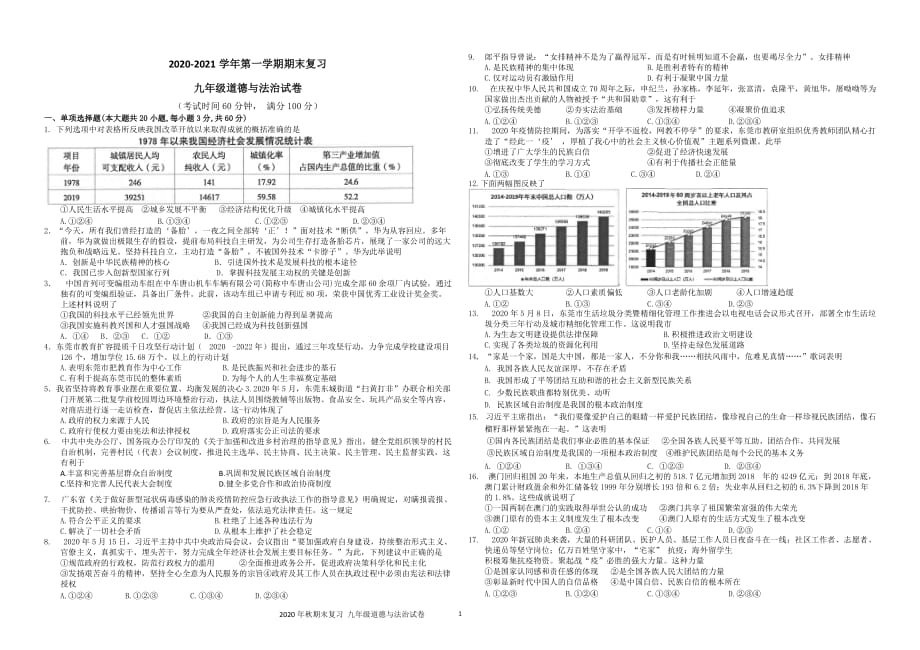 2020-2021学年第一学期九年级道德与法治期末模拟复习试题（含答案）_第1页