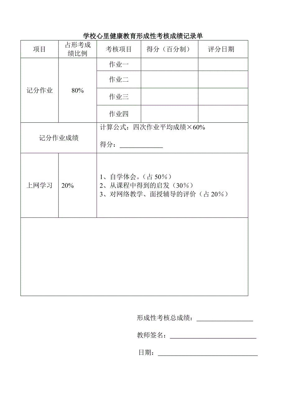 学校心里健康教育形成性考核成绩记录单.doc_第1页