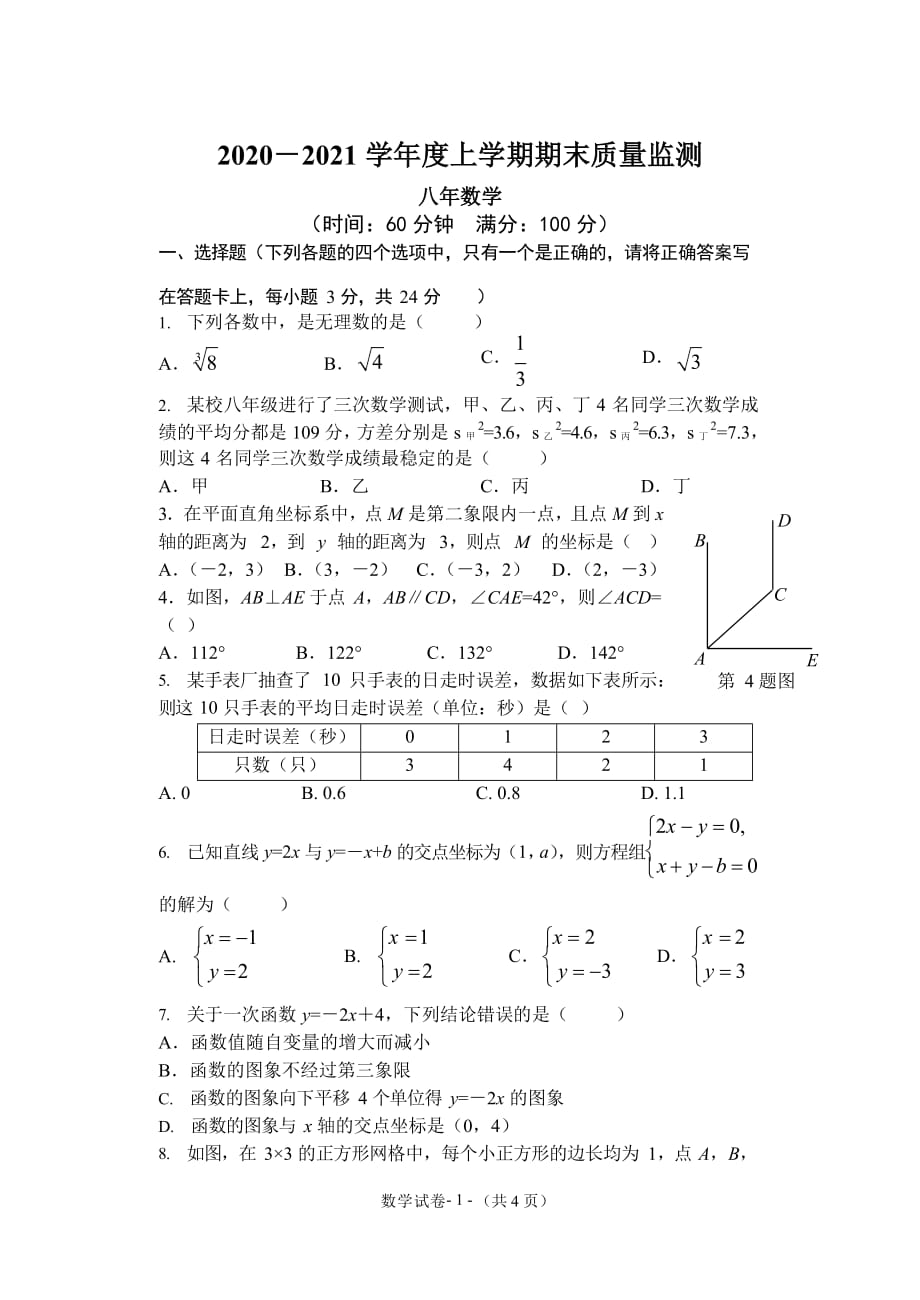 辽宁省沈阳市铁西2020－2021学年第一学期期末考试八年数学试题（word线上版）_第1页