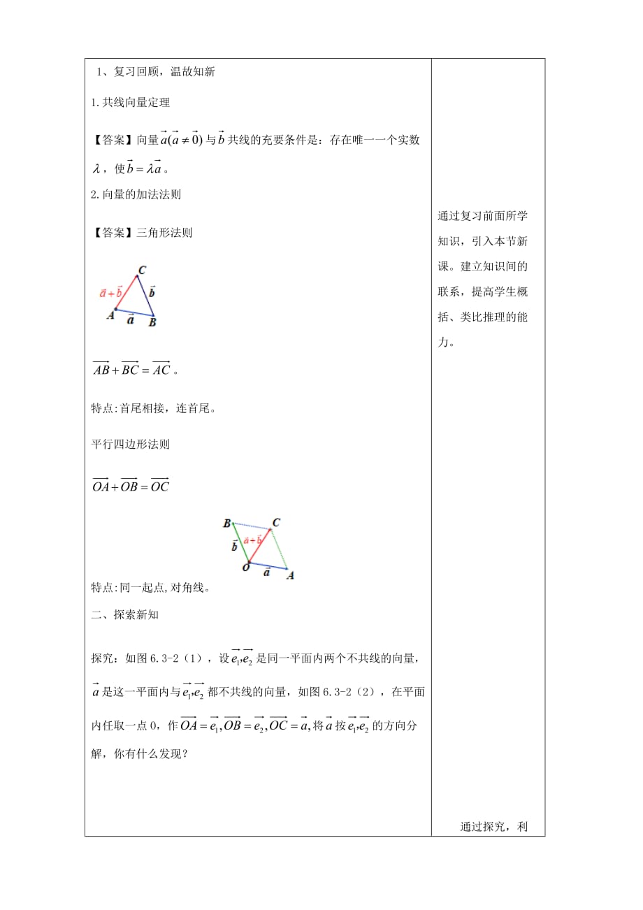 人教A版高中数学必修第二册平面向量基本定理 教学设计（1）_第3页