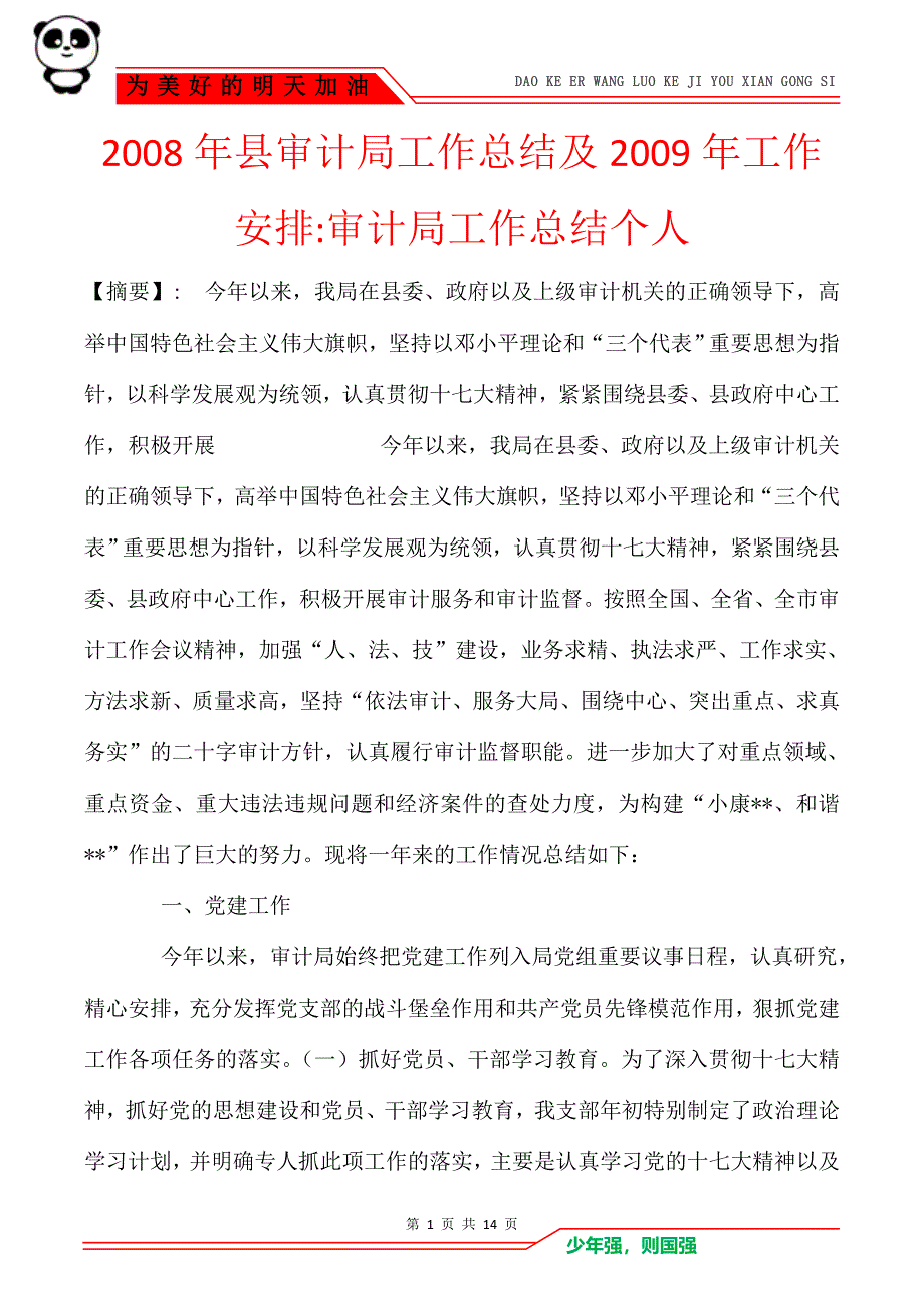 2008年县审计局工作总结及2009年工作安排-审计局工作总结个人_第1页