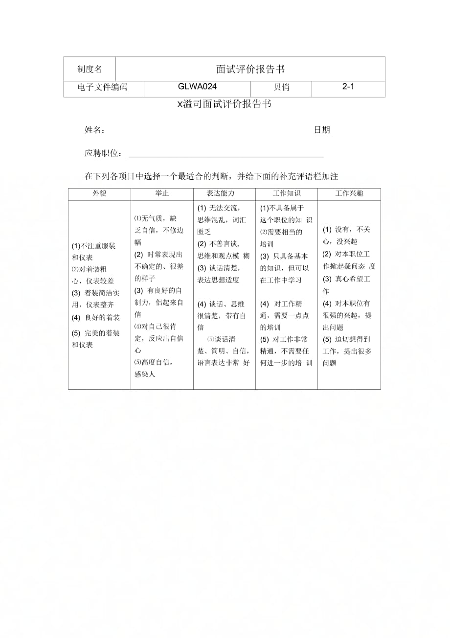 《某公司职员面试评价报告书》_第1页