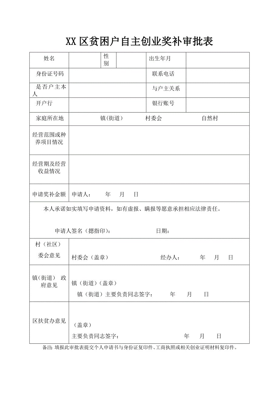 XX区贫困户自主创业奖补审批表_第1页