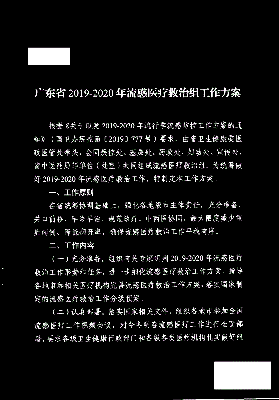 2019-2020年流行季流感医疗救治组工作方案_第1页