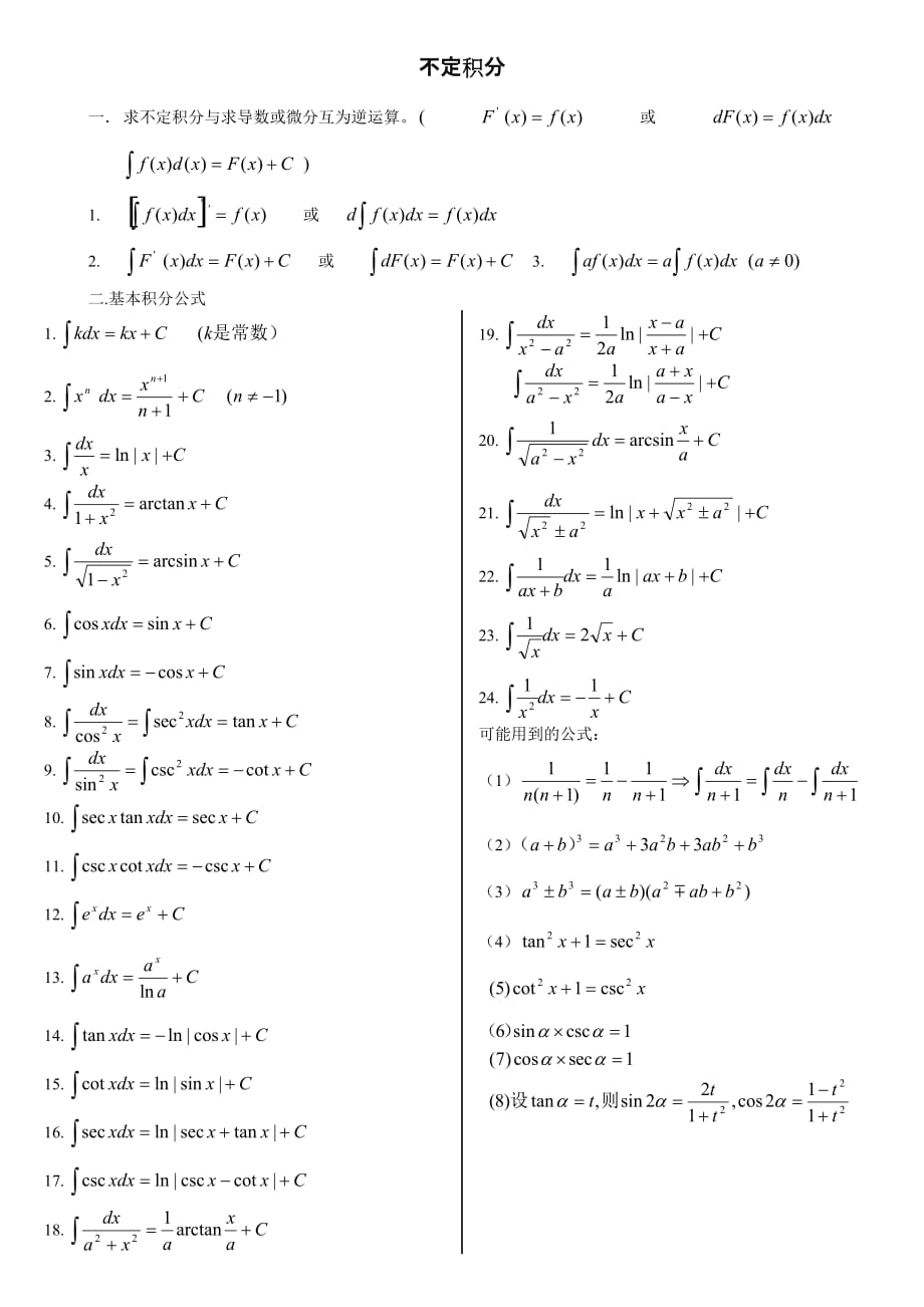 不定积分的基本公式 （精选可编辑）_第1页