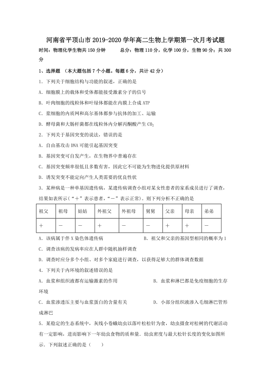 河南省平顶山市2019-2020学年高二生物上学期第一次月考试题【附答案】_第1页