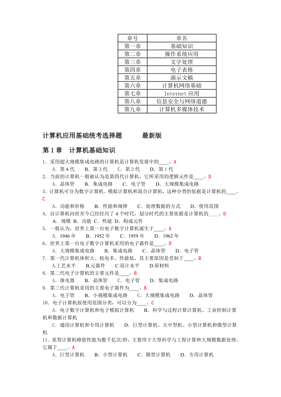 年统考计算机选择题库 （精选可编辑）_第1页