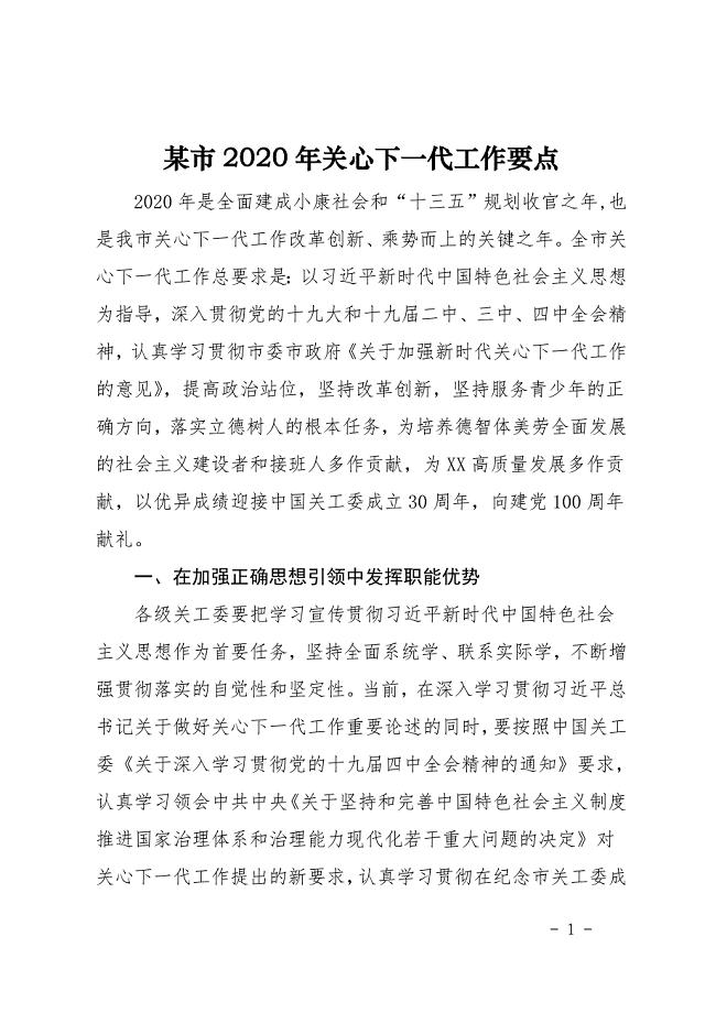 某市2020年关心下一代工作要点