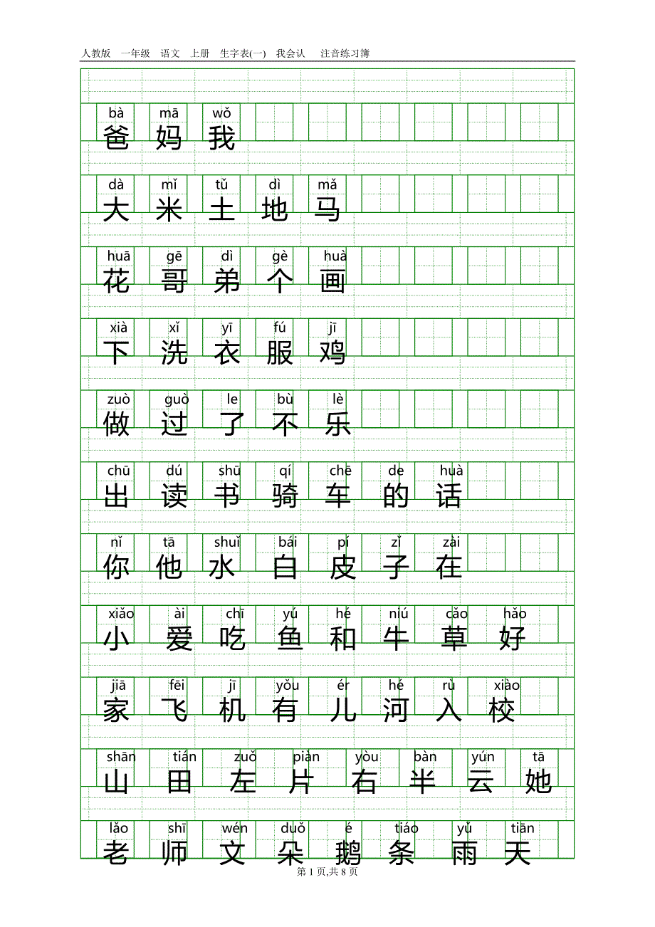 人教一年级语文上册生字表(一)带注音 （精选可编辑）_第1页