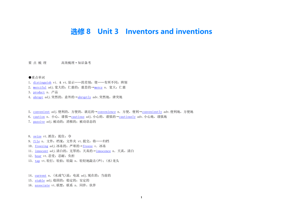 2021年高考英语 经典实用 Unit 3 Inventors and inventions要点梳理+重点突破 新人教版选修8_第1页