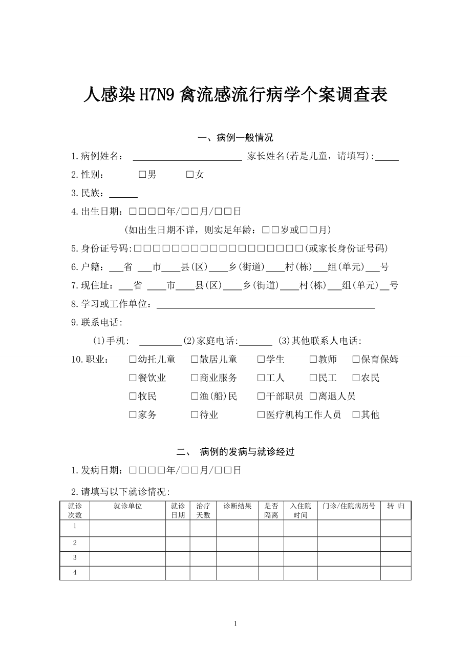 人感染H7N9禽流感流行病学个案调查表_第1页