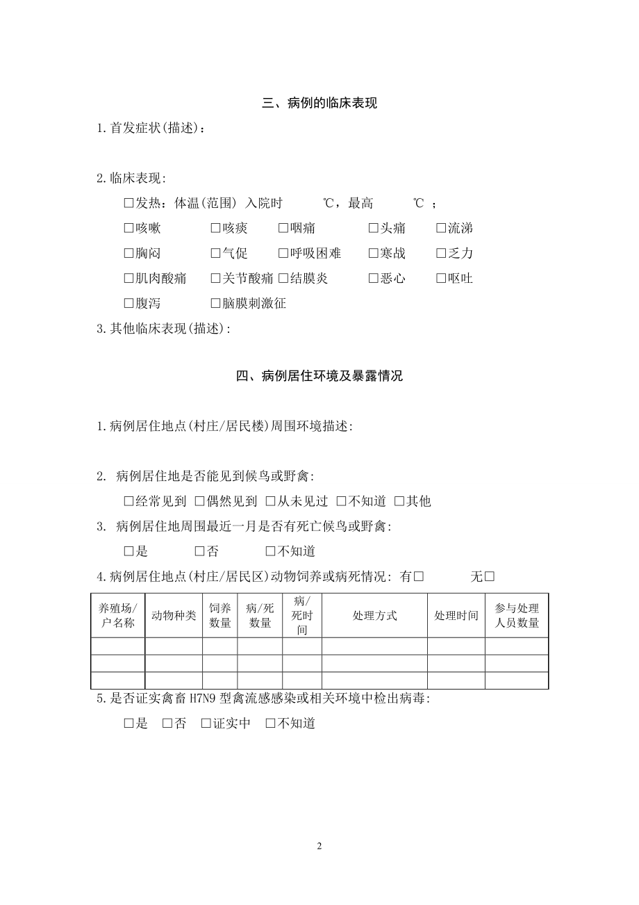 人感染H7N9禽流感流行病学个案调查表_第2页