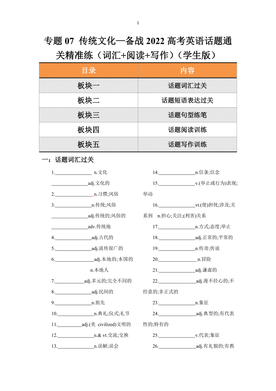 专题07 传统文化 -备战2022高考英语话题通关精准练（词汇+阅读+写作）（学生版）_第1页