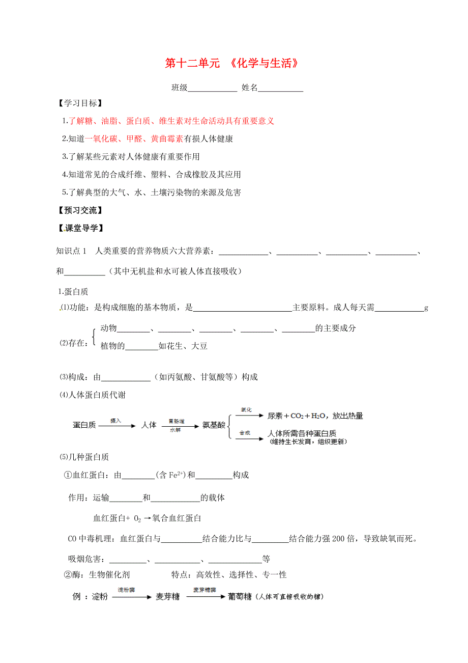 河北省邢台市桥东区九年级化学下册 第12单元 化学与生活复习导学案(无答案)(新版)新人教版 学案_第1页