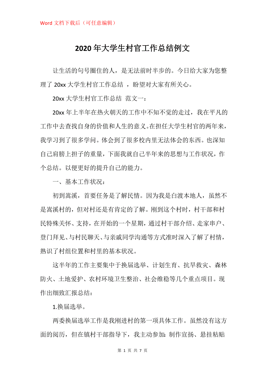 2020年大学生村官工作总结例文_第1页