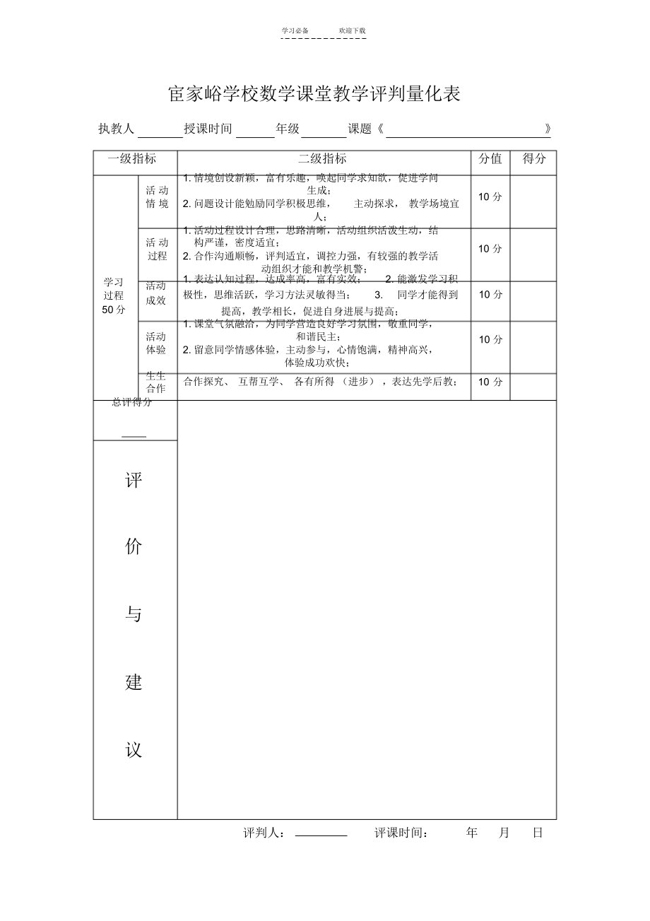 超详细小学数学课堂教学评价表_第3页