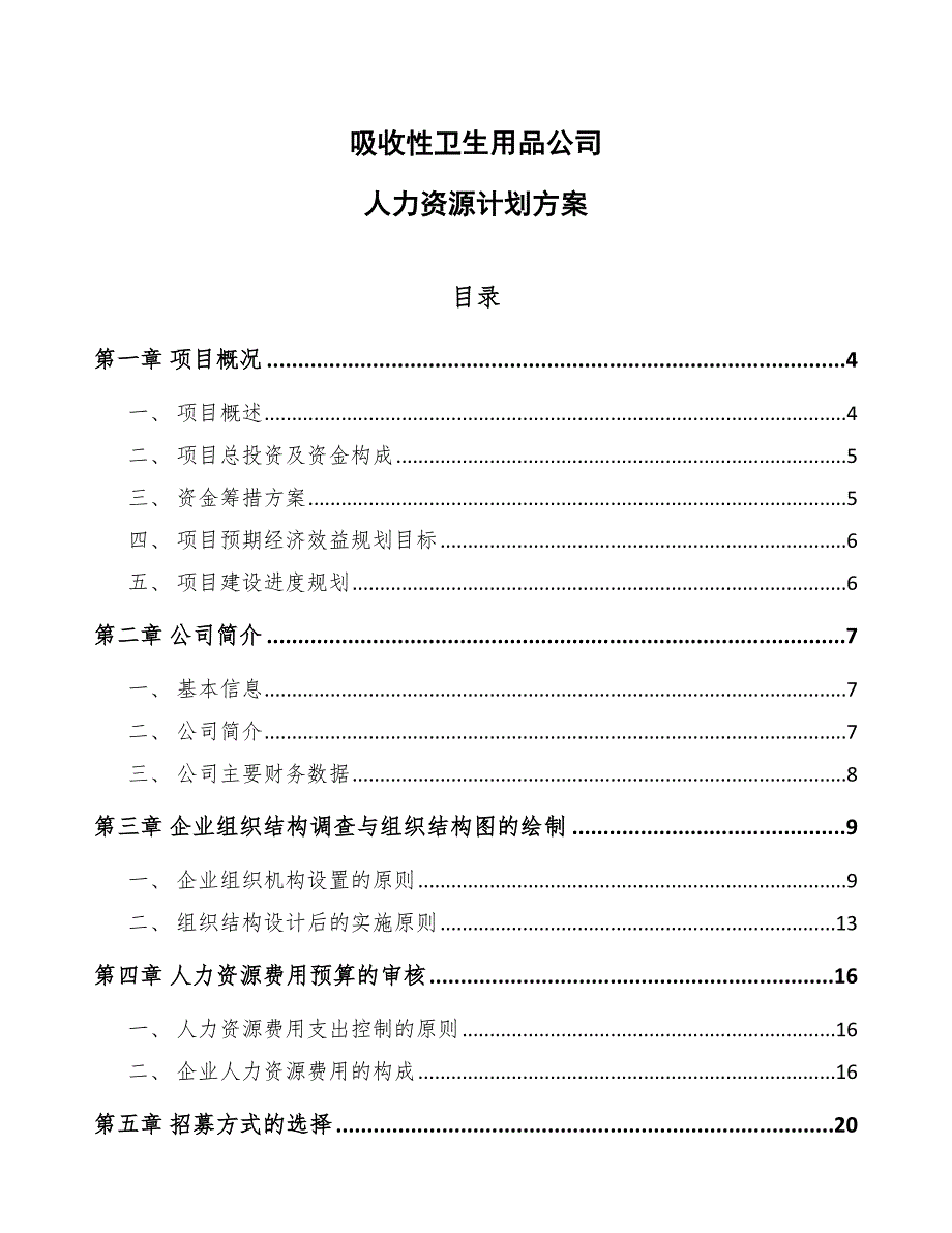 吸收性卫生用品公司人力资源计划方案_第1页