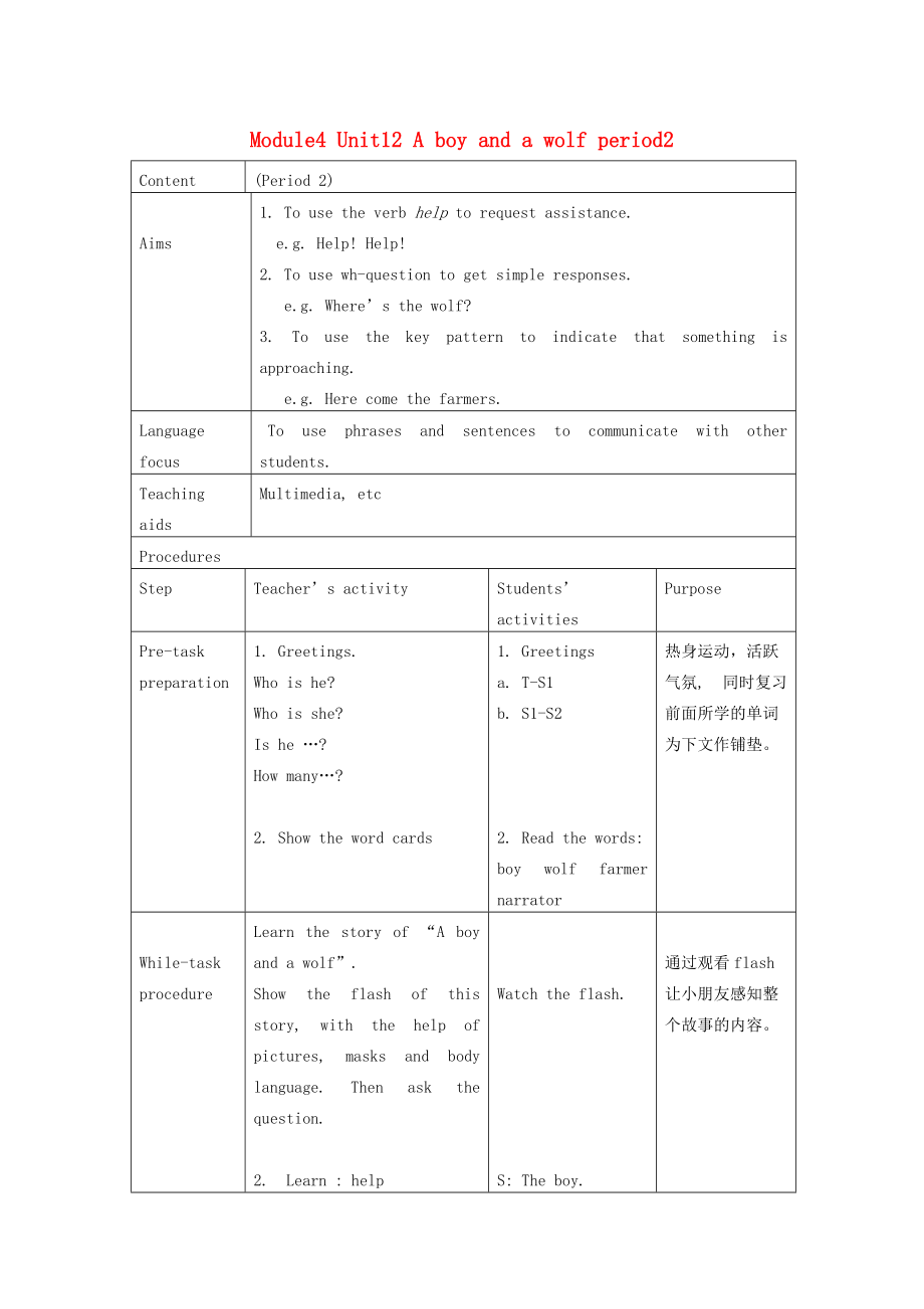 一年级英语下册 Module4 Unit12 A boy and a wolf period2教案 （新版）沪教牛津版_第1页