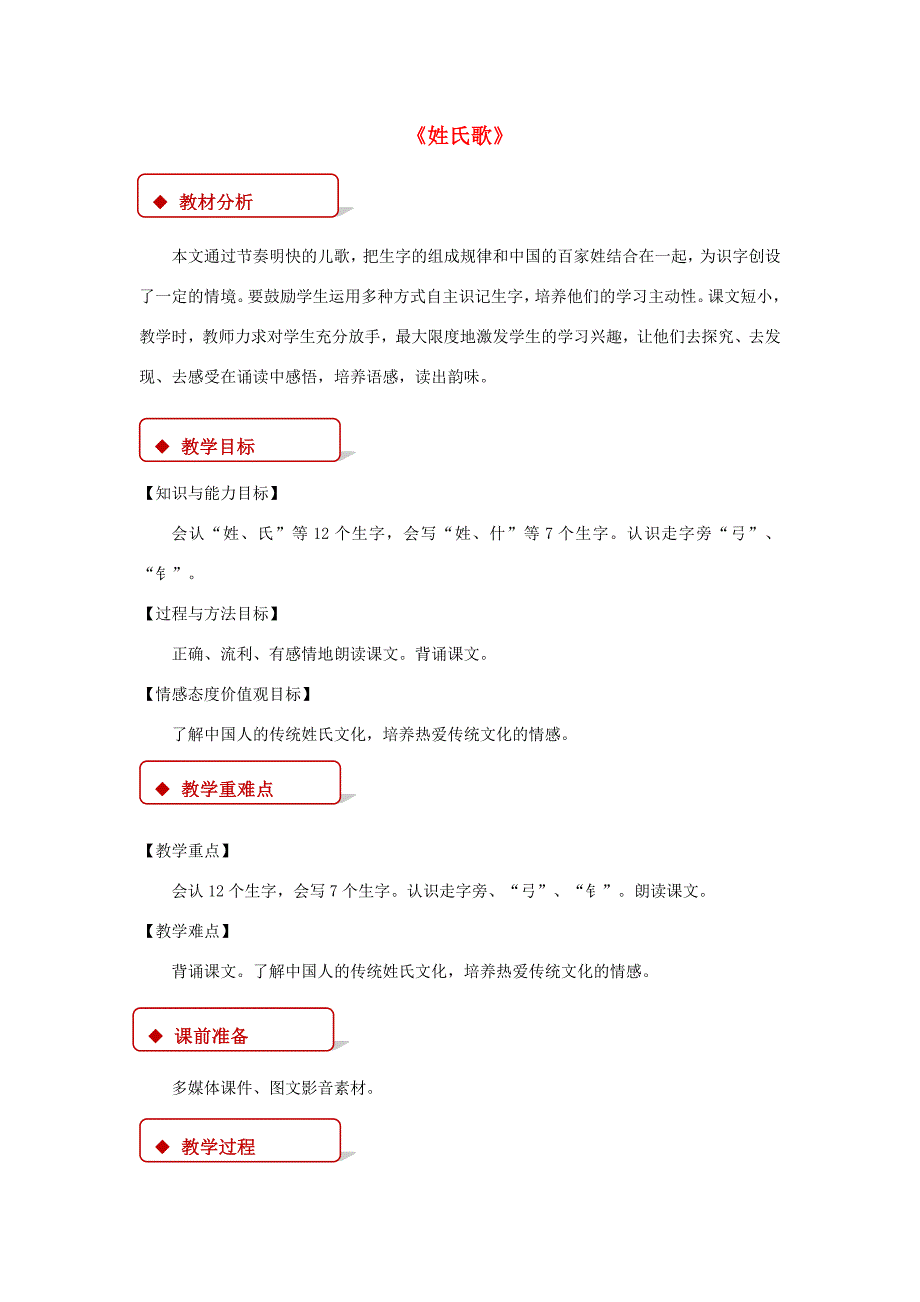 一年级语文下册 识字一 2《姓氏歌》教学设计 新人教版-新人教版小学一年级下册语文教案_第1页