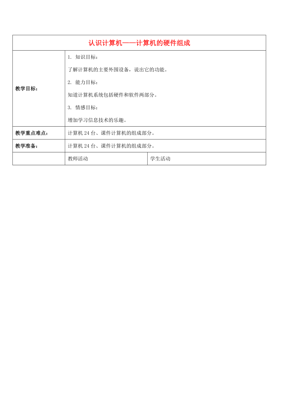 一年级信息技术上册 认识计算机——计算机的硬件组成 2教案 河大版_第1页