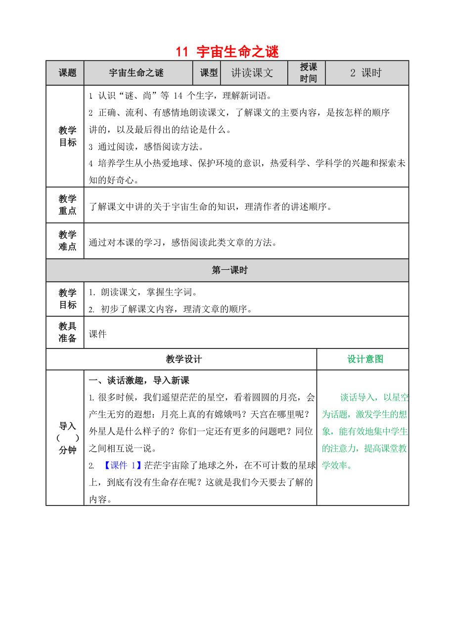 人教部编版语文六年级上册《11 宇宙生命之谜》教案教学设计小学优秀公开课_第1页