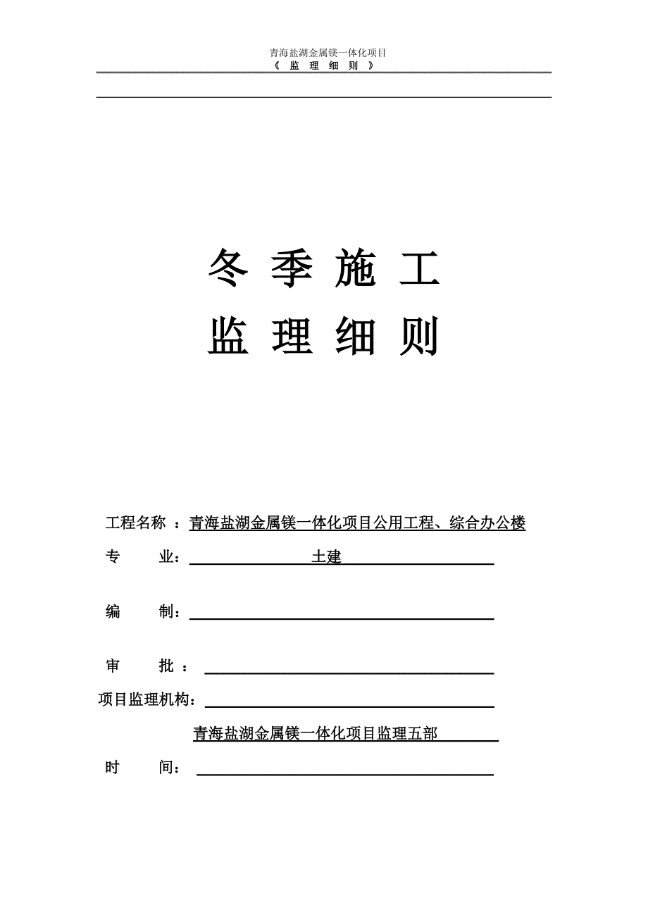 青海盐湖金属镁一体化项目冬期施工监理细则_第1页