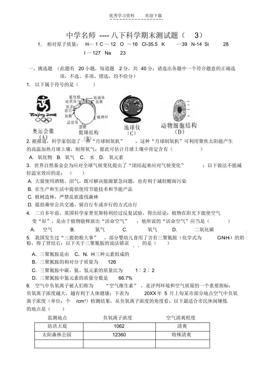 2021年初中名师八下科学期末测试题_第1页