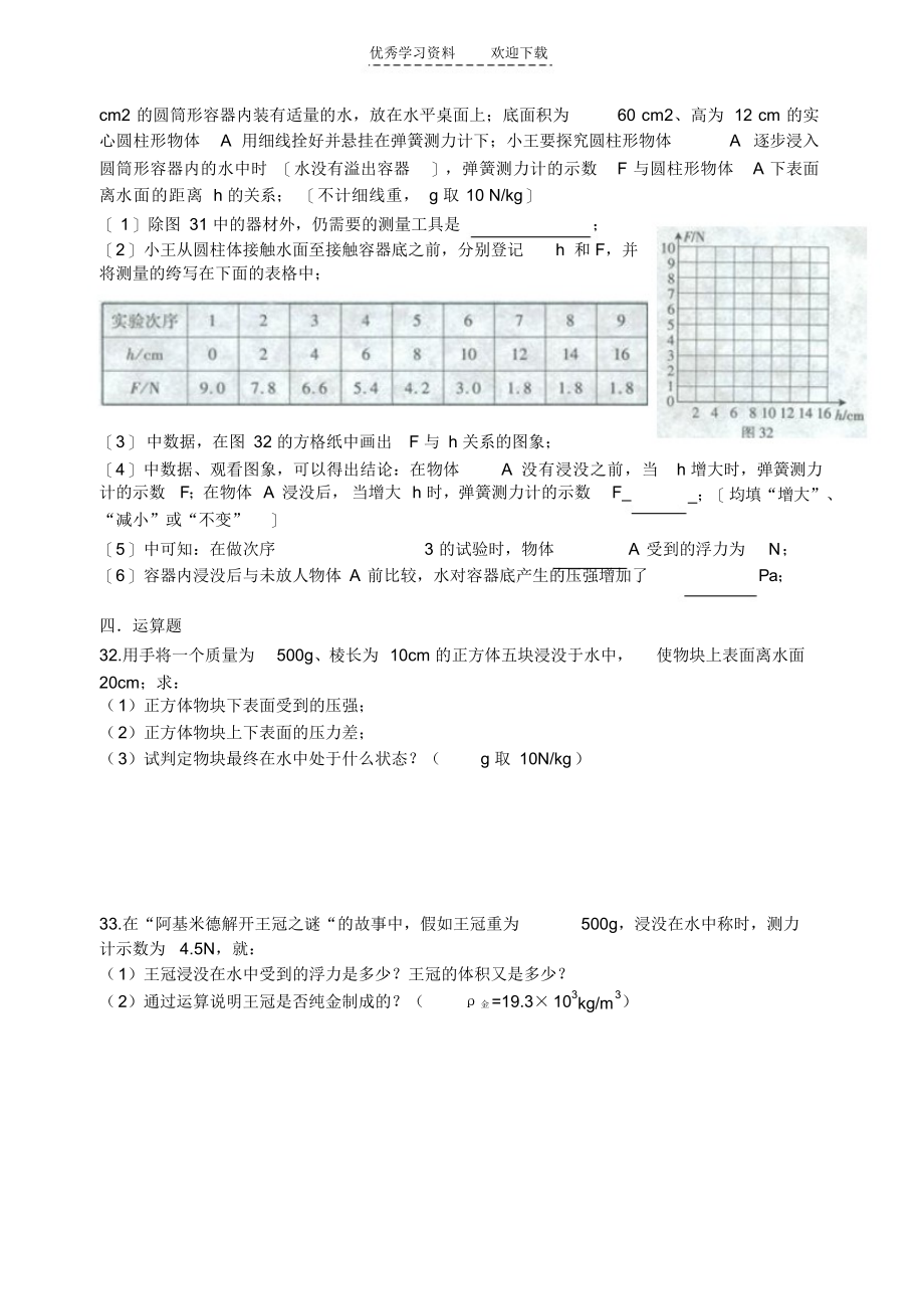 2021年初中物理八年级浮力测验题._第4页