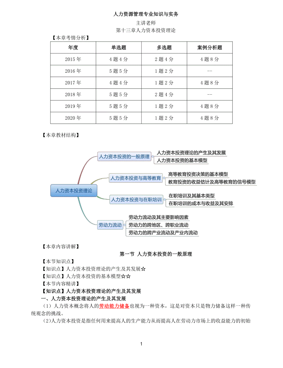 2021年中级经济师-人力-考点精讲-13、第13章人力资本投资理论_第1页