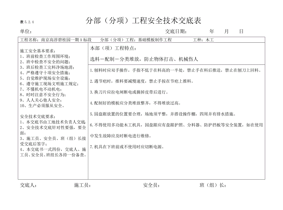 南京高淳碧桂园一期A标段分部分项安全技术交底(横表)_第1页