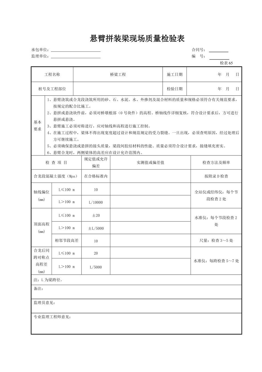 悬臂拼装梁现场质量检验表_第1页