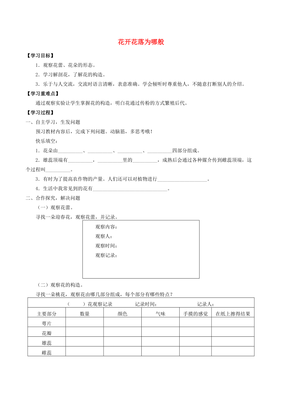 四年级科学下册 第2单元 生生不息 2.1 花开花落为哪般学案（无答案）（新版）湘科版-人教版小学四年级下册自然科学学案_第1页