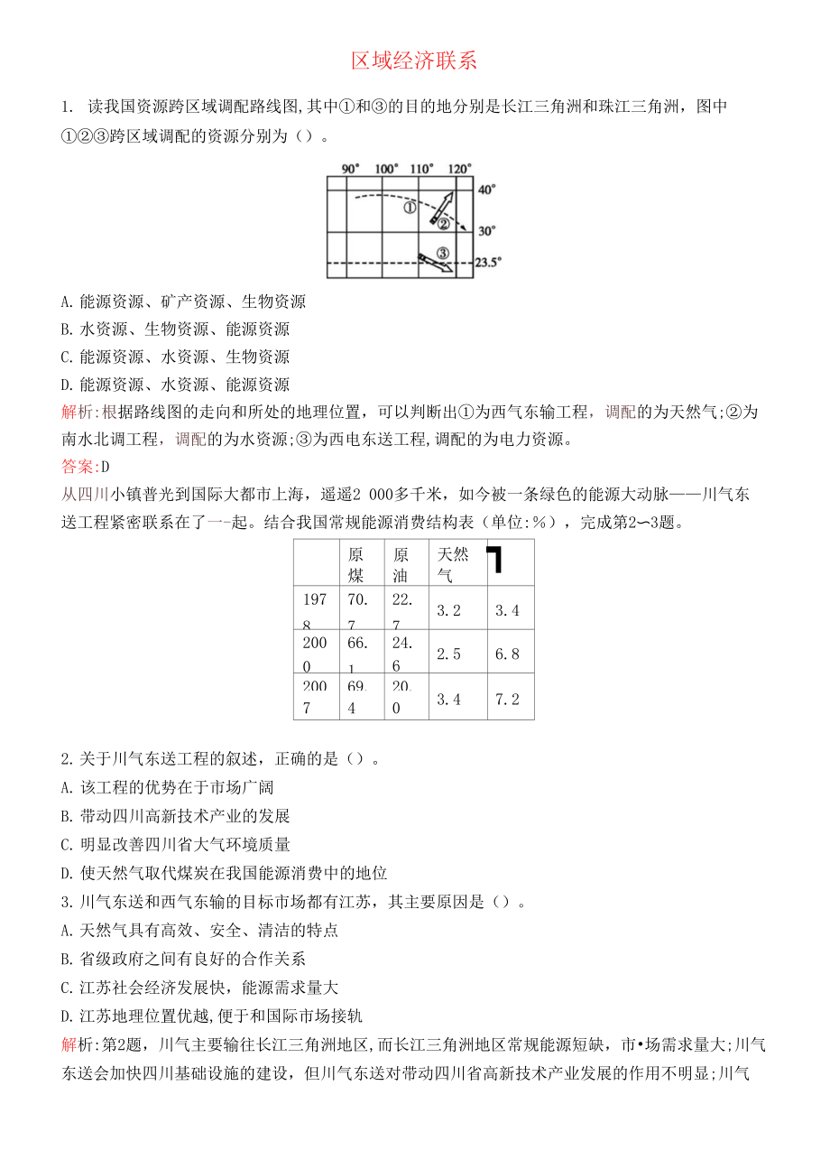 2015-2016学年高中地理 1.4 区域经济联系课时训练(含解析)湘教版必修3.doc_第1页